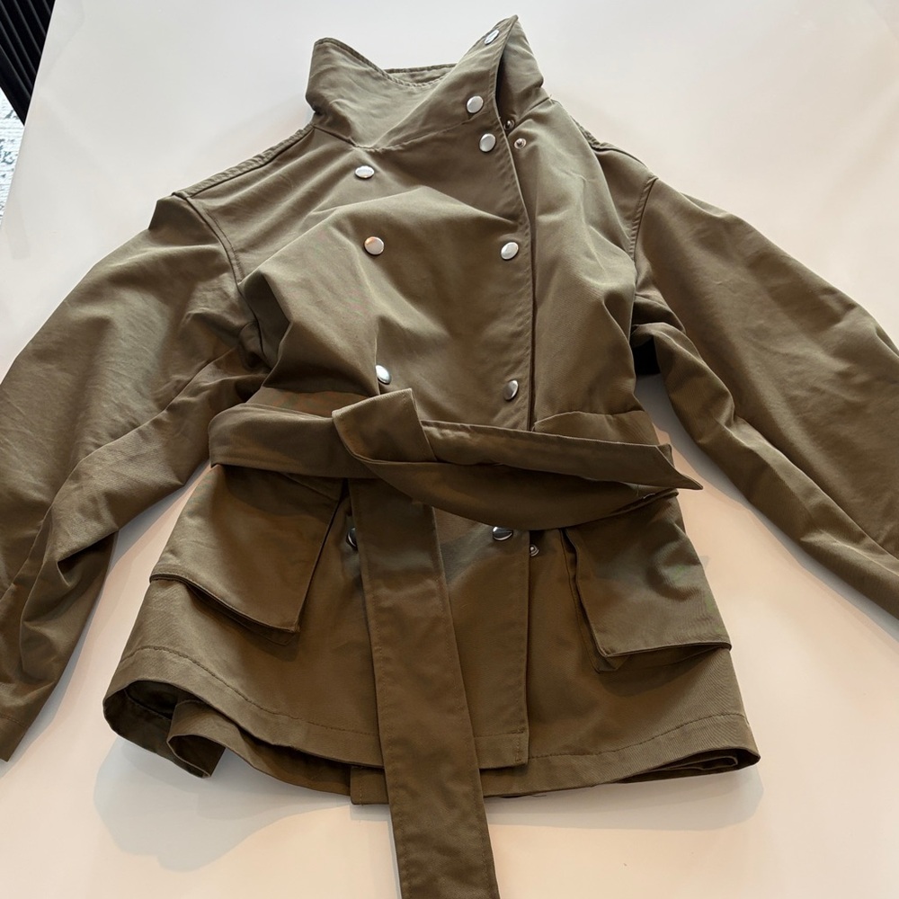 H&M Olive Green Double-Breasted Belted Trench Jacket